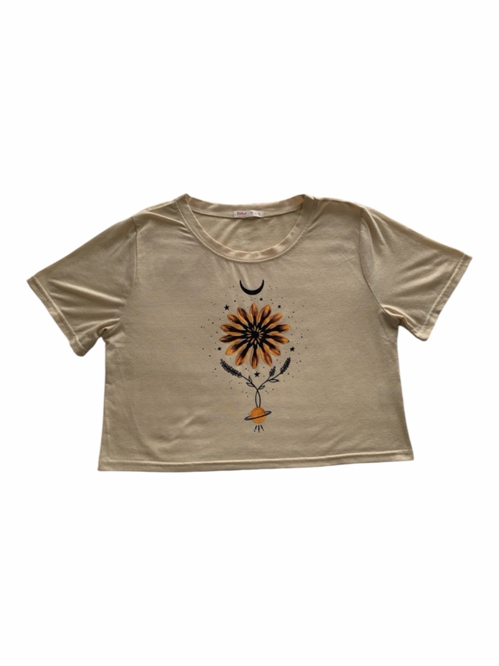 ROMWE Crop T Shirt Women L (8/10) Tan Orange Black Short Sleeve Crewneck Flower
